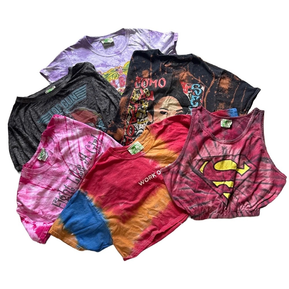 Lot of 7 Upcycled Crop Tops Selena Jimmy Buffett Top Gun Superman Tie Dye Womens